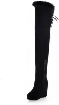 QueenFashion Women's Frosting PU Cony Hair Cashmere Lining Solid Wedge Thigh-High Boots with Zipper and Lace-up,Black,39