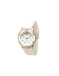 Geneva White with Gold Womens Faux Chronograph Silicone Rubber Jelly Watch with CZ Crystal Rhinestones Face Bling Bezel-White/Gold