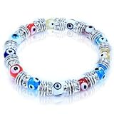 Multi-color Evil Eye Glass Beads Bracelet with Rhinestones and Rhodium Plated Spacers