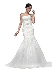 Strapless Lace Empire   Waistline Tulle Fit-and-Flare Mermaid Wedding Dress 