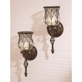 Set of 2 Wall Hurricanes with Blown Glass in Brown Rust Finish