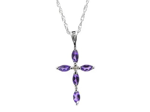 9ct White Gold Amethyst & Diamond Marquise Cross Pendant On 18 Rope Chain