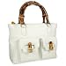 Buti Front Pockets White Leather Satchel Bag w/ Bamboo Handles