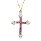14K Yellow Gold 0.08 ct. Diamond and 3/4 ct. Square Shaped Ruby Cross Pendant with Chain