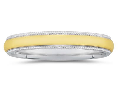 4 mm Two Toned White Milgrain Edge Comfort-Fit Men's Wedding Band in 18k Two-Tone Gold