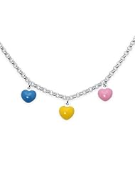 Unicornj Sterling Silver Childrens Necklace with Heart Charms Pink Blue Yellow