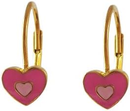 Fuschia Rose Pink Enamel Double Hearts Gold Finish Leverback Drop Earrings