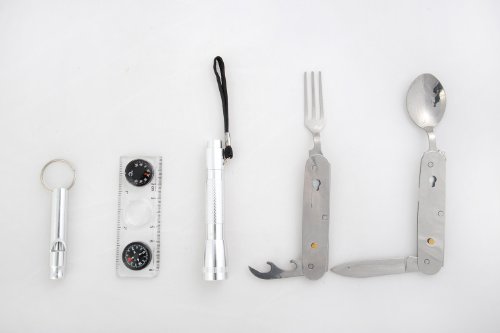 Voyage: Outil portatifs Multi-fonctions (6-en-1): Sifflet, Multi-Function ustensils de table (fourchette, couteau, ouvre-bouteille, cuillère), boussole / thermomètre, loupe, lampe de poche, crochet d'escalade, miroir, filet, Traveler1