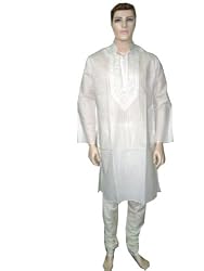 Gift for Dad - Embroidered Cotton White Kurta Pajama for Men Style Xl Chest 48 Inch