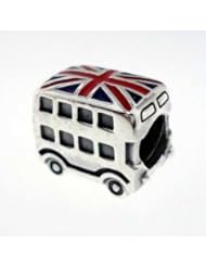 .925 Sterling Silver " London Bus with Stamp & Enamel Flag " Charm Bead Compatible with Pandora Chamilia Kay Troll Bracelet