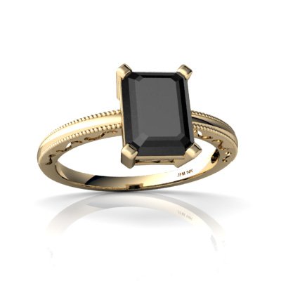 14K Yellow Gold Emerald-cut Genuine Black Onyx Milgrain Ring Size 4.5