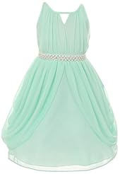 Girls Halter Knee Length Chiffon Crystal  Grecian  Dress With a Sash  and Pearls