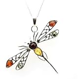 Sterling Silver Dragon Fly Amber Pendant On An 18 Silver Chain