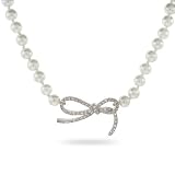 Eve's Addiction Elegant Sterling Silver Pearl Necklace with CZ Bow