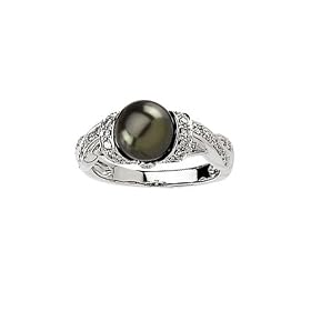 14K White Gold 1 3 ct. Diamond and Black Fresh Water Cultured Pearl Ring by