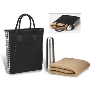 London Coffee Blanket Tote (Black w Plaid Accents, Tan Blkt) by