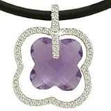 14K White Gold Flower-Shaped Pendant, Centered with a Amethyst Semi-Precious Color Stone and Enhanced with Pave Set Diamonds, Sliding on a Rubber Chain Set with a 14K White Gold Clasp.