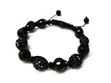 Jet Black Shamballa 12mm Glass Beaded Macrame Bracelet with 5 Alternating Iced Out Disco Balls