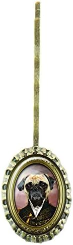 Scalloped hairpin with oval glass cabochon protecting a design with a dog dressed up an army general