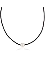 Honora Stainless Steel White Ringed Freshwater Pearl Black Leather Necklace, 18"