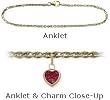 10 Karat Yellow Gold 9" Flat Gucci Style Red Stone Heart Charm Anklet