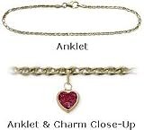 10 K Yellow Gold 9" Flat Gucci Style Created 1.00 tcw. Ruby Stone Heart Charm Anklet