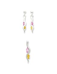 Sterling Silver Yellow & Pink Cz Earring & Pendant Set, Best Quality Free Gift Box Satisfaction Guaranteed