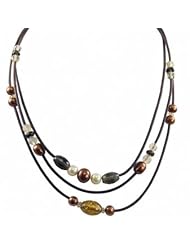 Sterling silver dyed chocolate and yellow freshwater cultured pearl with glass bead brown rubber necklace, 17.5-18.5"