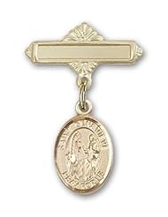14K Gold Baby Badge with St. Genevieve Charm and Polished Badge Pin