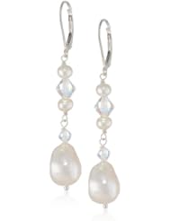 White Baroque Freshwater Cultured Pearls and Crystal AB Swarovski Element Accents Sterling Silver Drop Earrings