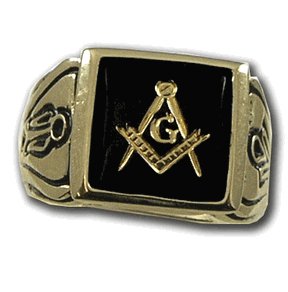18K Gold Electroplate (Faux Onyx) Onyx Stone - Freemason's Jewelry Masonic Rings for Stone Masons / Free Masonry Member. This Free Masons Masonary Ring featured the Masonic symbol emblem Encrusted in 18K Gold! Free Mason Ring