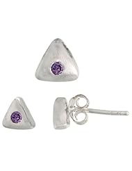 Sterling Silver Matte-finish Triangular Earrings (6mm tall) & Pendant Slide (7mm tall) Set, w/ Brilliant Cut Amethyst-colored CZ Stones