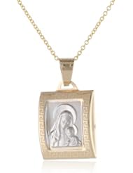 14k Two Tone Gold Mama Mary and Baby Jesus Square Medal Necklace, 18"