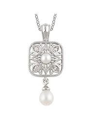 Sterling Silver Freshwater Cultured Pearl Diamond Square Necklace