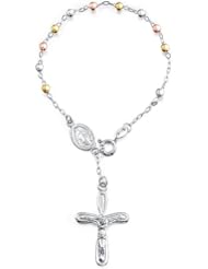 Bling Jewelry Beaded 3 Tone Gold Vermeil 925 Silver Rosary Cross Bracelet 6.5in