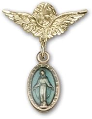 Gold Filled Baby Badge with Blue Miraculous Charm and Angel with Wings Badge Pin