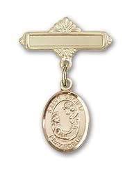 Gold Filled Baby Badge with St. Cecilia Charm and Polished Badge Pin, Patron Saint of Music, Musicians & Singers