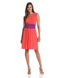 Lilla P Womens Stretch Color Block Shirred Waist Cross Front Dress