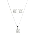 Sterling Silver Princess-Cut Faceted Cubic Zirconia Necklace and Earring Set - Clear