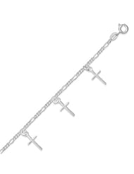 Sterling Silver 7 Inch Figaro Chain Bracelet with Small Cross Charms