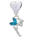 Small Silver Fairy with Blue Resin Wings European Heart Charm Dangle Bead