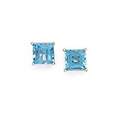 14K White Gold Square Shaped Blue Topaz Earring Studs