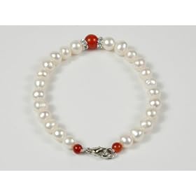 White Fresh Water Pearl and Red Natural Agate Bracelet