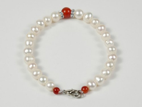 Click here to buy White Fresh Water Pearl & Red Natural Agate Bracelet.