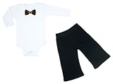Two In Love! Trendy Baby Tuxedo (Black Bow Tie) Long Sleeve Bodysuit & Pants Set - Black Pants, White Top