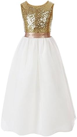 Miyalisa Sequins Glitter Flower Girl Long Pageant Tulle Wedding Dress Size 6-7T Golden