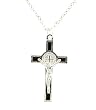 St. Benedict Crucifix -1 and 1/2'' in Height - 17'' Silvertone Necklace with Black Enamel - IMPORTED