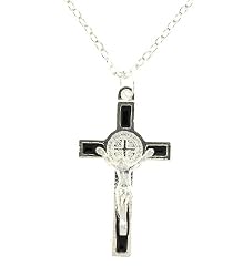 St. Benedict Crucifix -1 and 1/2'' in Height - 17'' Silvertone Necklace with Black Enamel - IMPORTED