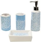 Indecor Home CS11-1174-BL 4 Piece Ceramic Doodle Bath Set, Blue