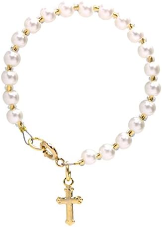 Glass Pearls Baby Bracelet W/Gold Finish Cross